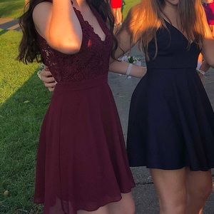 Backless Floral Lace Maroon Mini Homecoming Dress